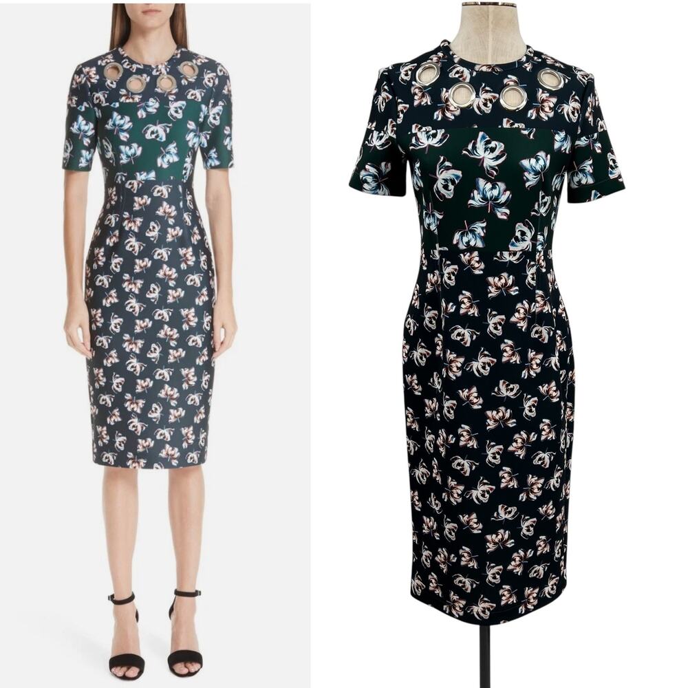 Yigal Azrouel Scuba Sheath Dress Floral Print Grommet Neckline Blue Size US 8